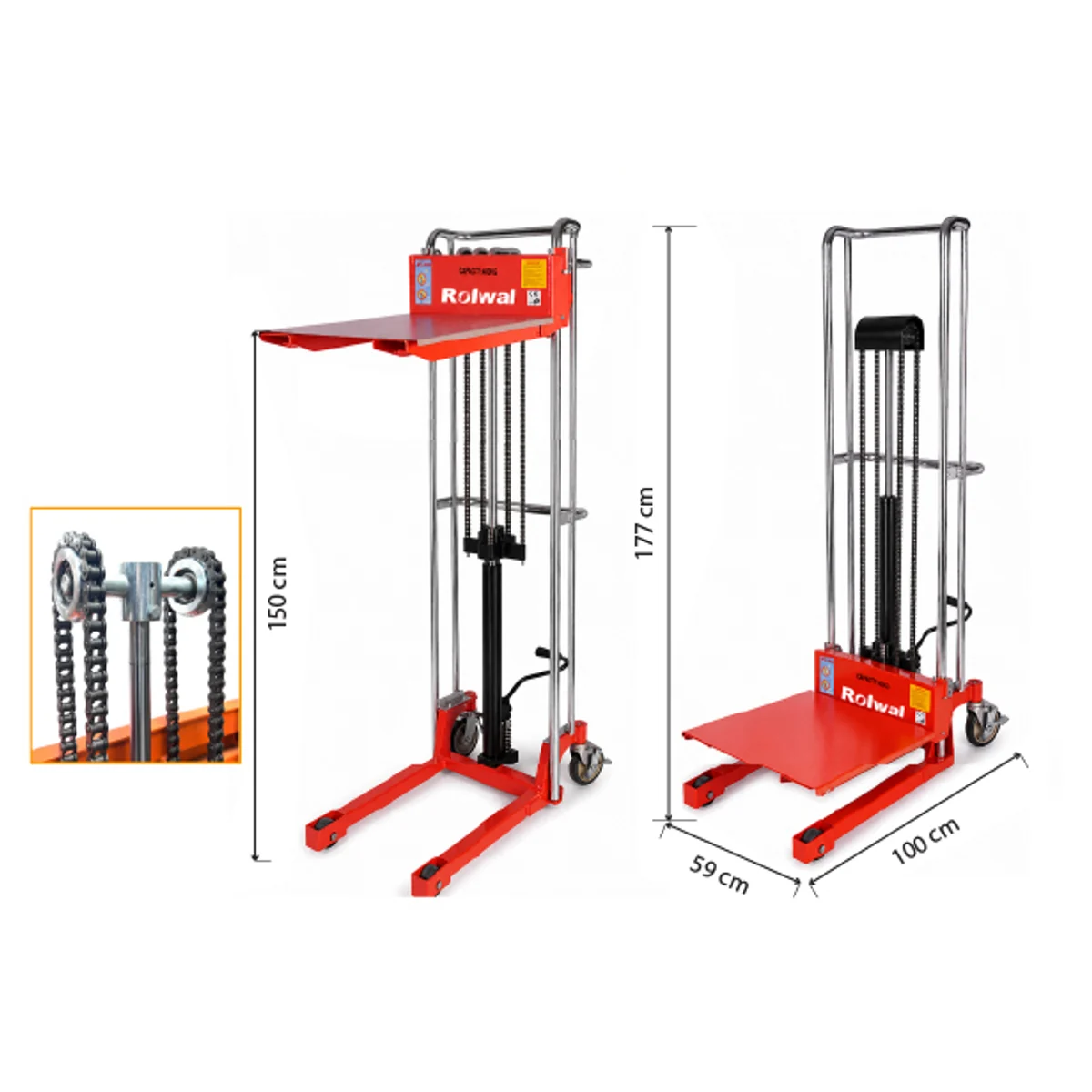 Rolwal FP-MIA-SYG-0400-1500 mini istif arabası — 150 cm kaldırma, 177 cm makine yüksekliği ve zincir detayı