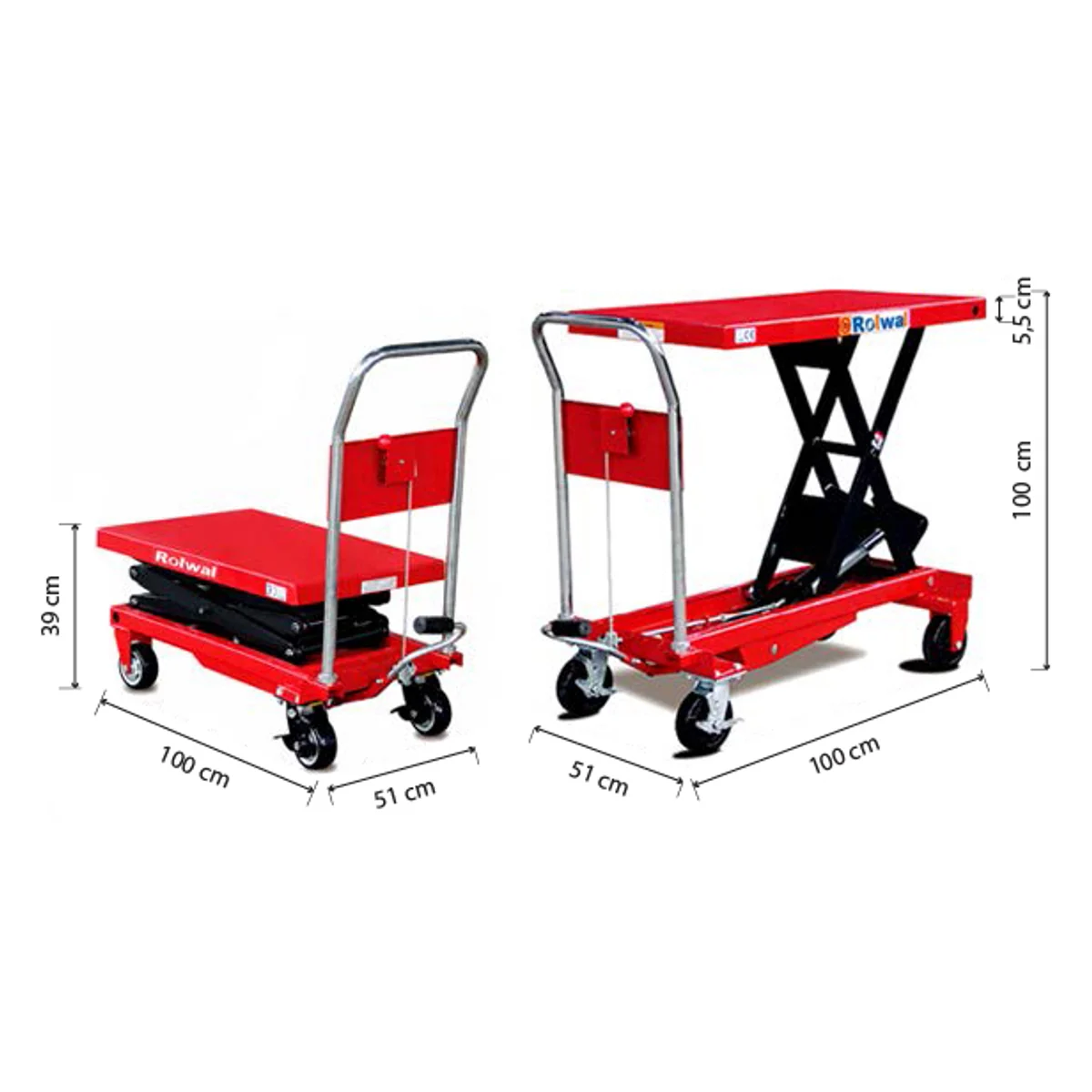 Rolwal FP-PM-SYTJ-100 makaslı platform — 390 mm ve 1000 mm konumları, 100x51 cm tabla ölçüleriyle