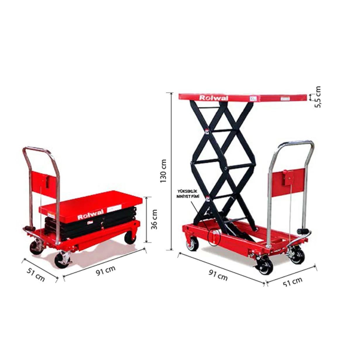 Rolwal FP-PM-SYTJ-35S çift kademeli platform — 360 mm ve 1300 mm konumları, 91x51 cm tabla ölçüleriyle