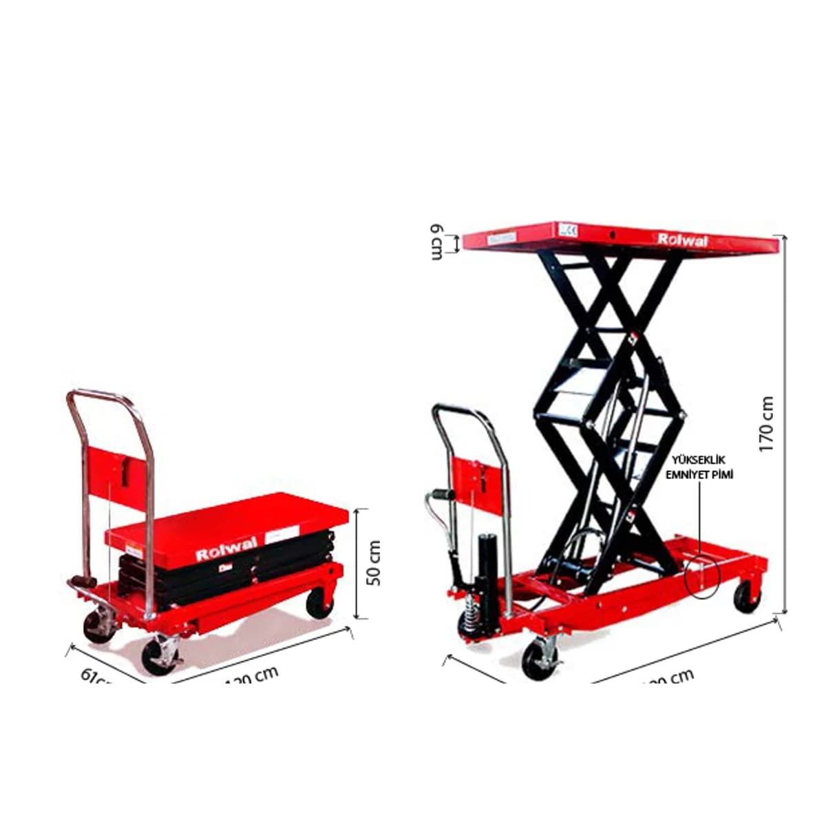 Rolwal FP-PM-SYTJ-W50 üç kademeli platform — 500 mm ve 1700 mm konumları, yükseklik emniyet pimi görünür