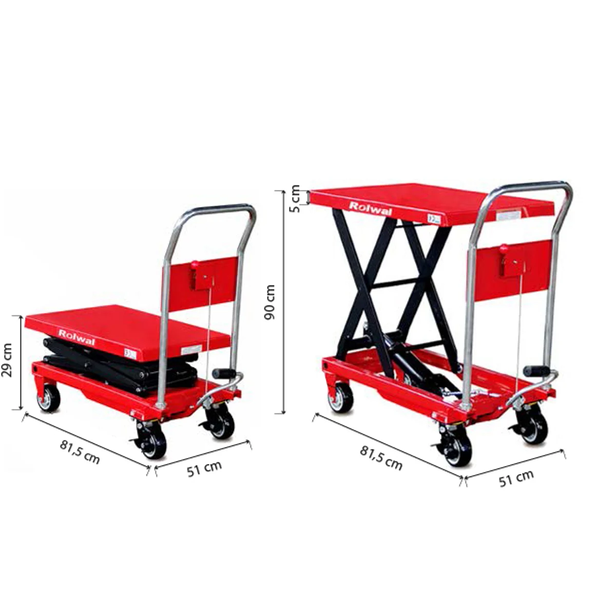 Rolwal FP-PM-SYTJ-50 makaslı platform — 290 mm ve 900 mm konumları, 81,5x51 cm tabla ölçüleriyle
